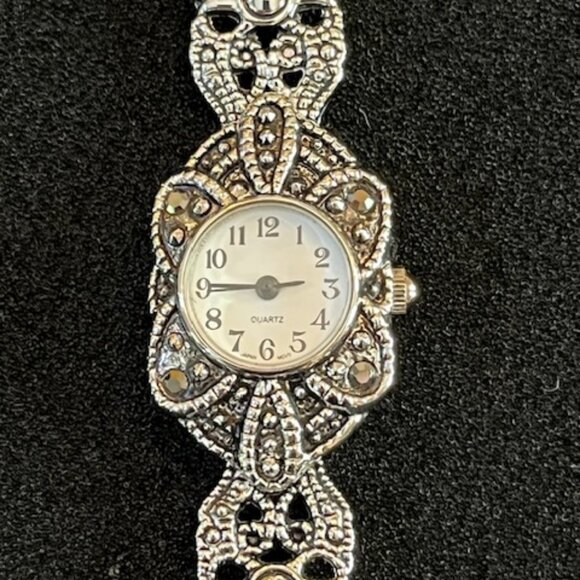 Vintage Accessories - VINTAGE | Silver-tone Bracelet Watch Black Stones Filigree Band-NEW Battery